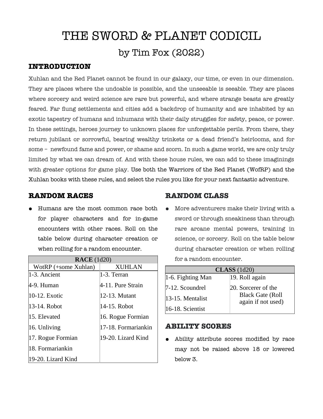 The Sword & Planet Codicil