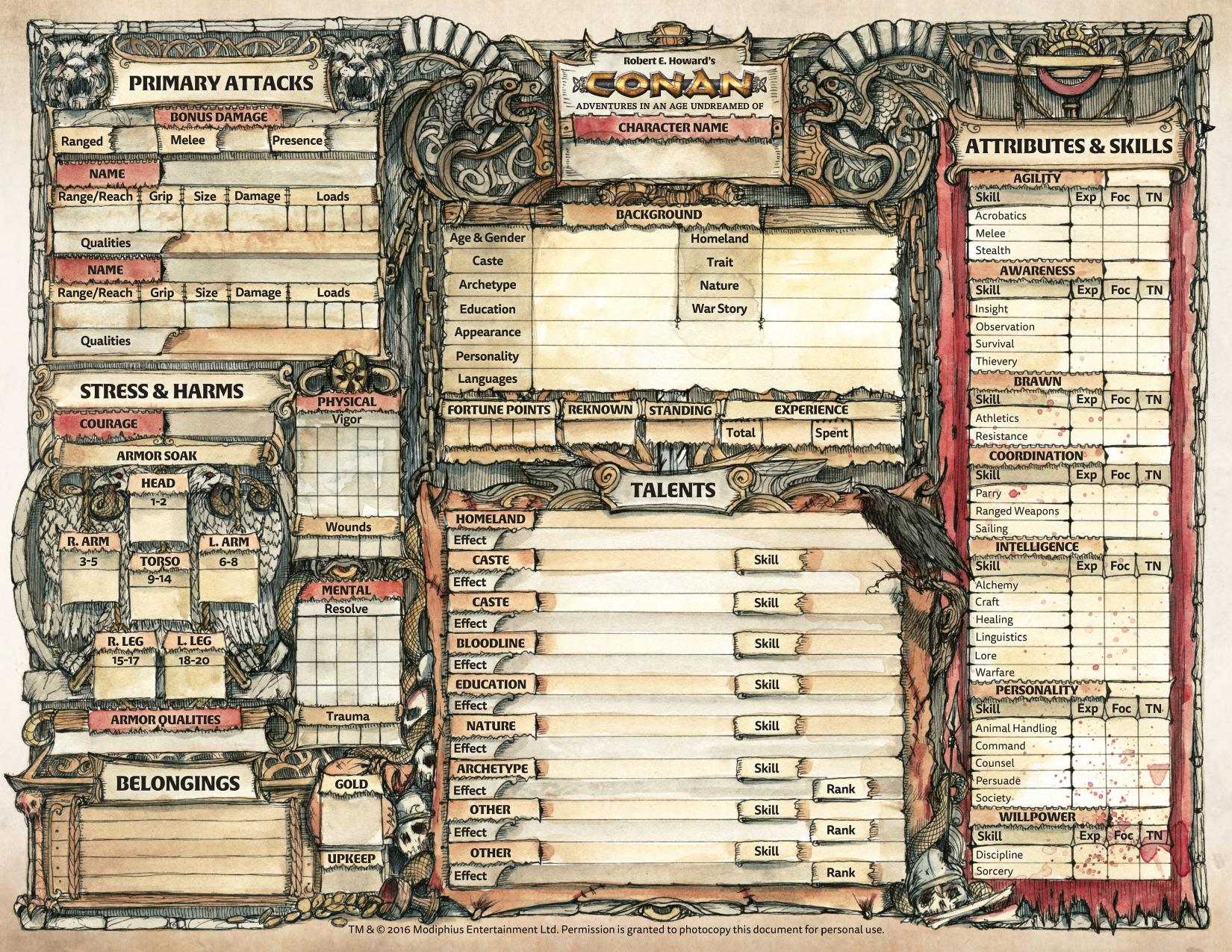 Conan 2d20 Character Sheet Painted