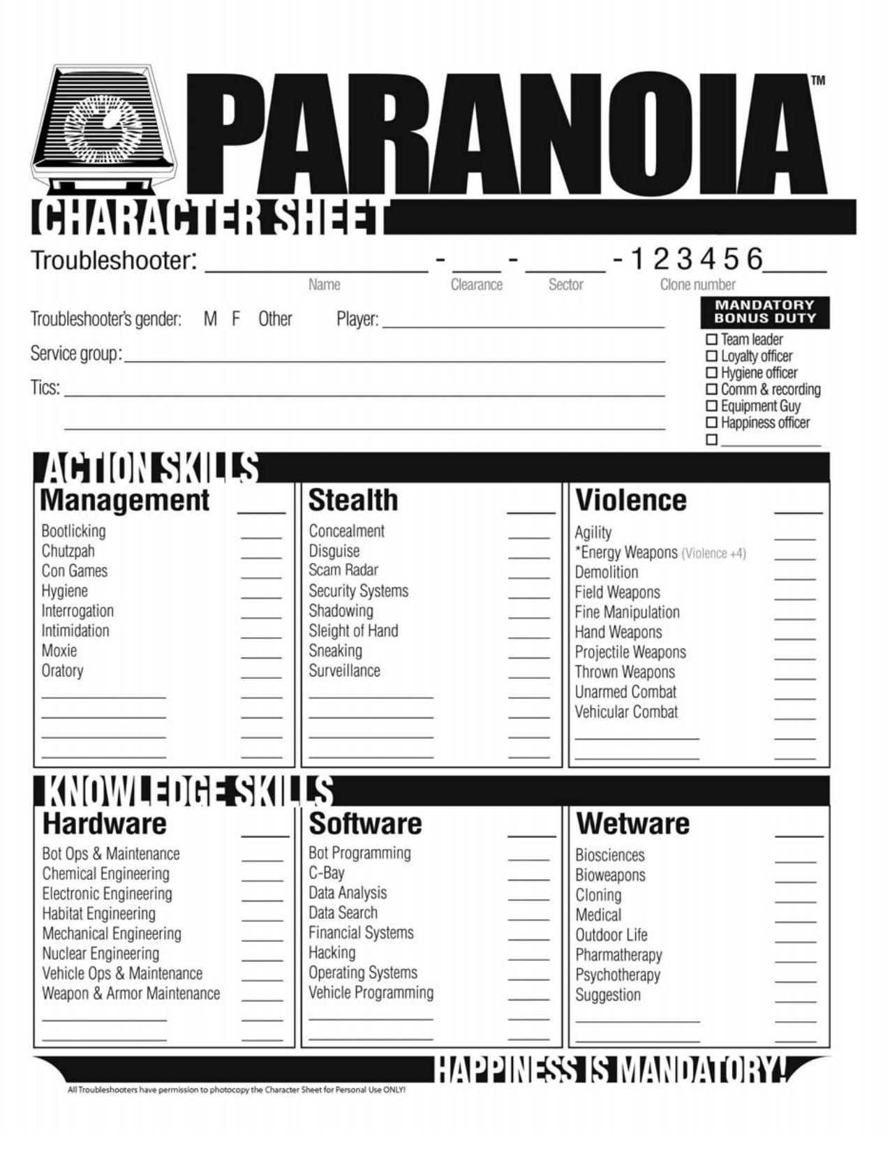Troubleshooters Character Sheet